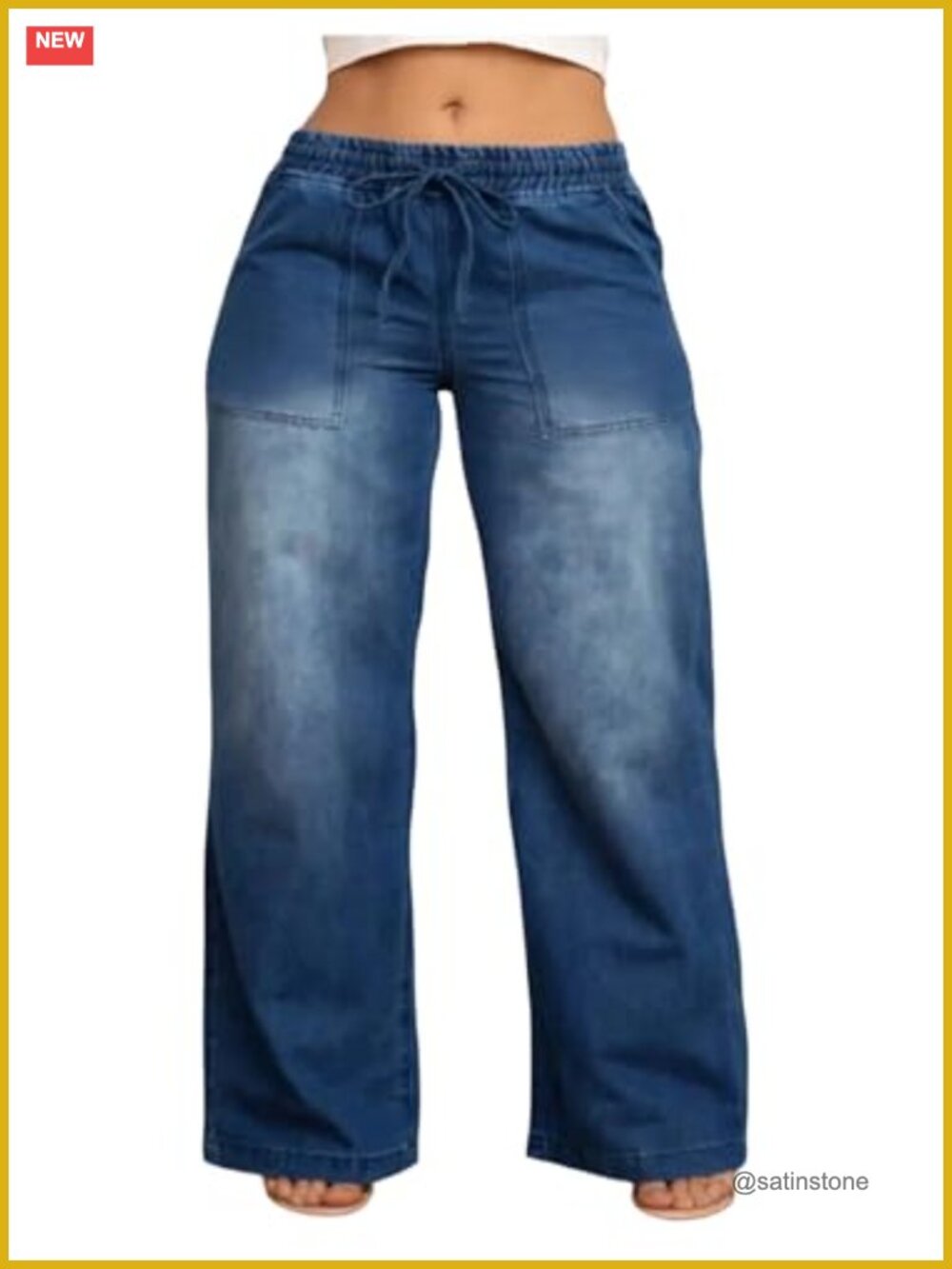 Plus Size Drawstring Waist Wide Leg Jeans Baggy Denim Pants